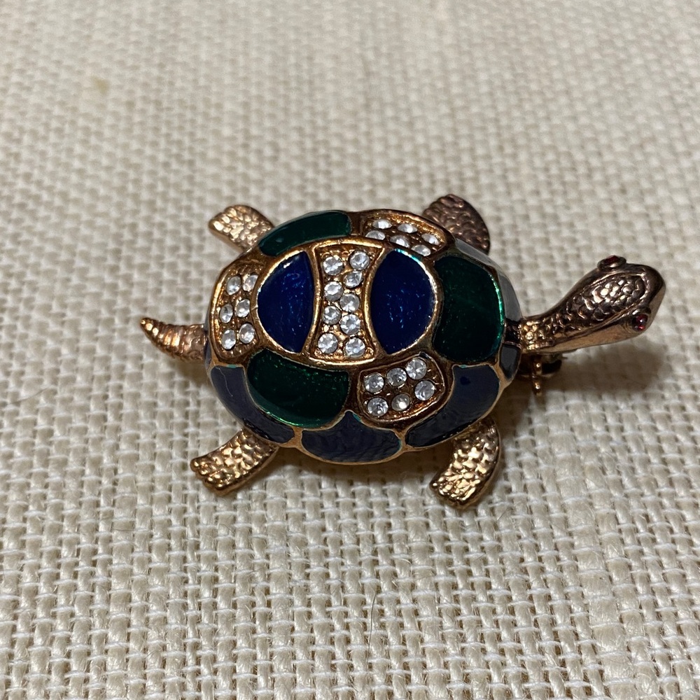 Vintage crystal Gold and Green enamel Turtle Brooch